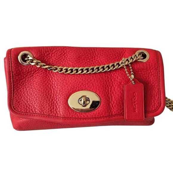 Coach Womens Pebble Leather Gold-tone Chain Strap Crossbody Cardinal Red OS - Picture 9 of 12